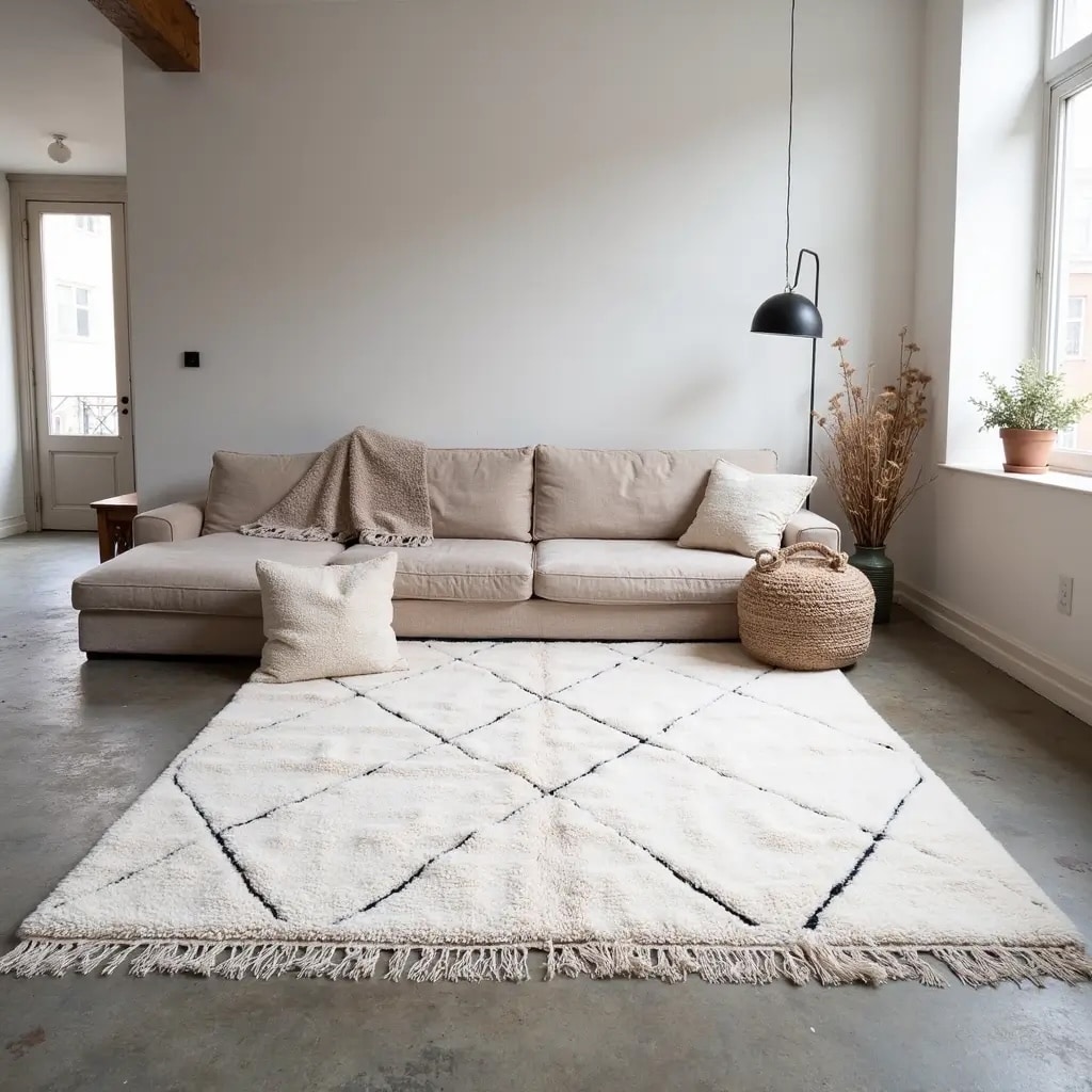 Handwoven Beni Ourain rug in ivory wool with subtle black diamond lines, grounding a calm, minimalist living room with neutral furnishings.