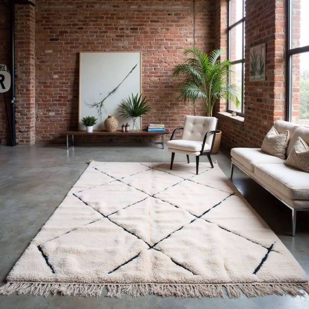 Authentic Beni Ourain rug with black diamond pattern on ivory wool, placed in a loft-style living room with brick walls and natural light.
