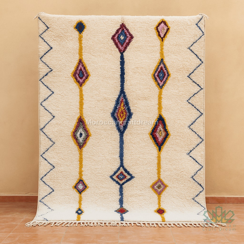 Handwoven Azilal rug with ivory wool base and colorful diamond motifs arranged in vertical lines, featuring blue, yellow, and pink accents that highlight traditional Moroccan craftsmanship.