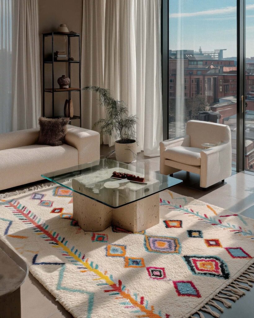 Azilal rug with colorful geometric motifs on an ivory wool base, styled in a modern living room with neutral furniture and large windows to highlight Moroccan craftsmanship and contemporary interior design.