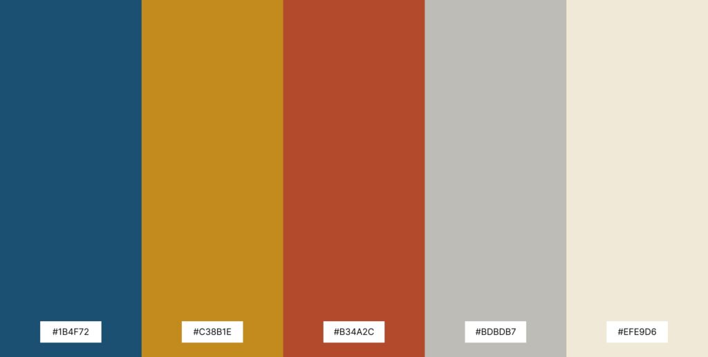 Moroccan contrasting color palette swatch featuring deep blue, warm ochre, burnt orange, soft gray, and cream, each with labeled hex codes.