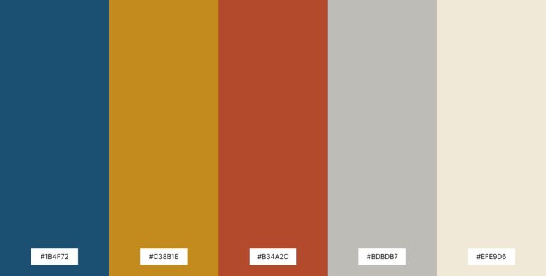 Moroccan contrasting color palette swatch featuring deep blue, warm ochre, burnt orange, soft gray, and cream, each with labeled hex codes