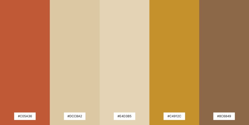 Earthy Moroccan color palette swatch featuring terracotta, warm beige, sand, ochre, and clay brown with hex codes.