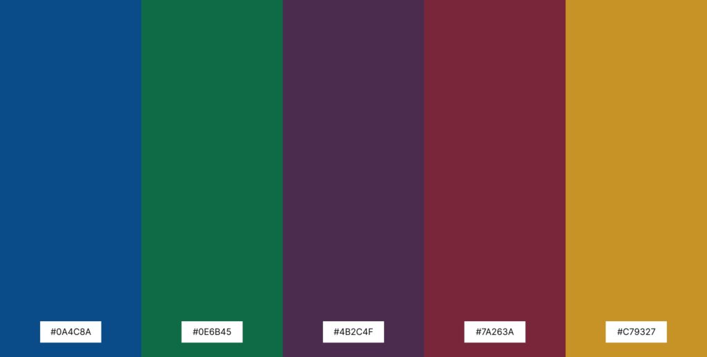 Jewel-tone Moroccan color palette swatch with cobalt blue, emerald green, deep plum, burgundy, and mustard gold, each labeled with hex codes.