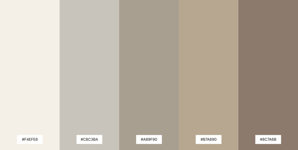 Subtle Moroccan neutral color palette featuring cream, warm gray, mushroom, soft taupe, and clay stone tones with hex codes.