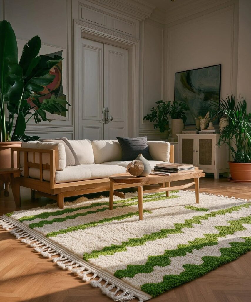 Handwoven Moroccan rug with ivory wool base and green zigzag patterns, styled in an elegant living room with wooden furniture and indoor plants to highlight texture and natural materials.