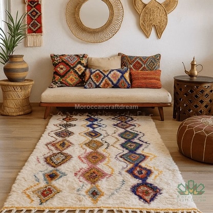 Handwoven Azilal rug with colorful diamond motifs on an ivory wool base, styled in a warm living room with Moroccan cushions, woven wall decor, and natural wood accents.