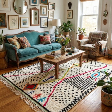Azilal rug with colorful geometric patterns laid in a cozy living room, paired with a teal sofa, wooden coffee table, and eclectic decor to highlight Moroccan craftsmanship in a lived-in interior.