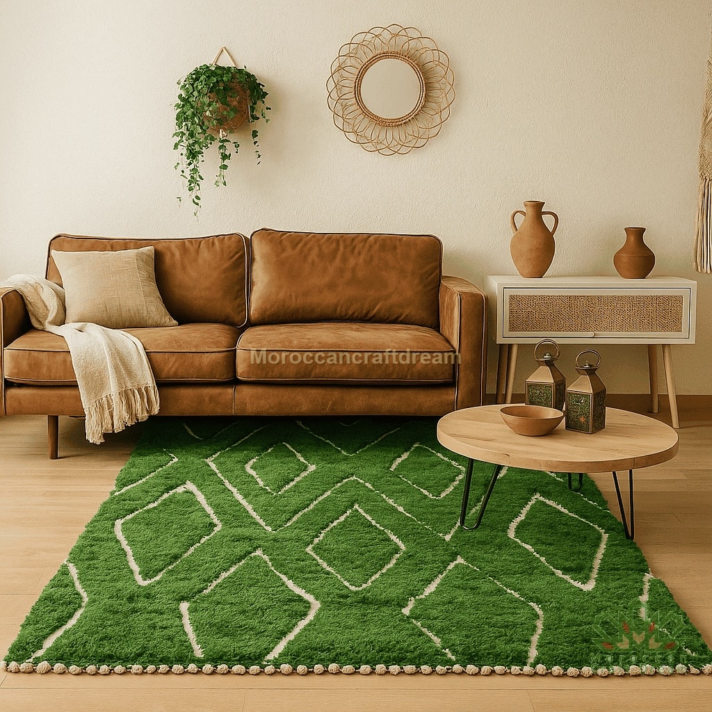 Green Moroccan wool rug with white geometric diamond pattern, styled in a warm living room with a brown sofa and natural wood furniture.