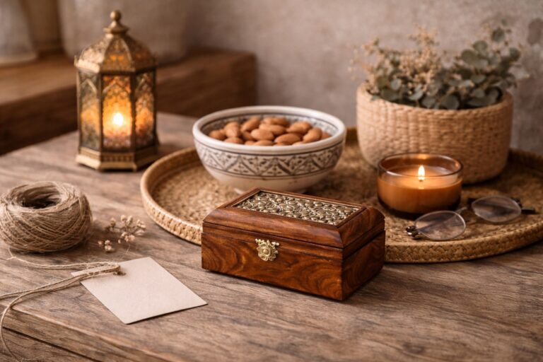 Thoughtful Moroccan decor gift arrangement featuring a small hand-carved wooden box, ceramic bowl, woven tray, and lantern—illustrating gift-friendly scale and everyday usability.