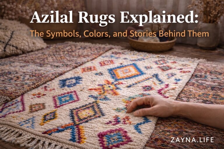 Azilal rug with colorful geometric symbols laid on the floor, showing expressive patterns and handwoven texture typical of Moroccan Azilal rugs.