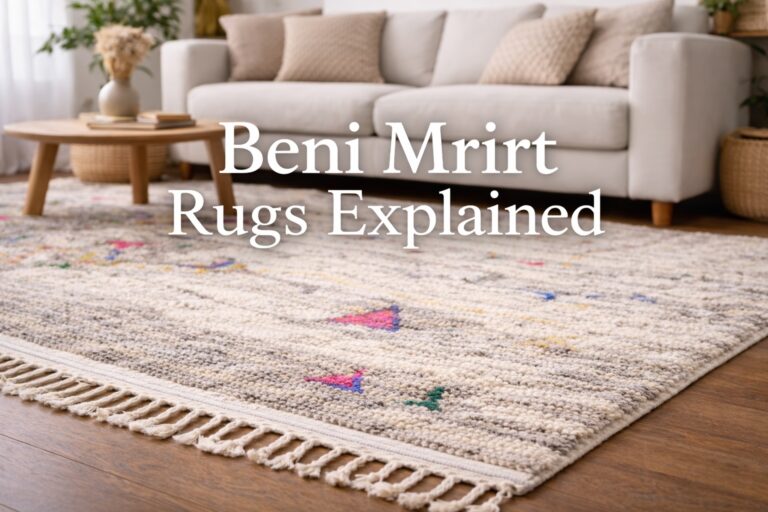 Beni Mrirt rug with dense wool pile and subtle geometric accents placed in a calm, contemporary living room interior.