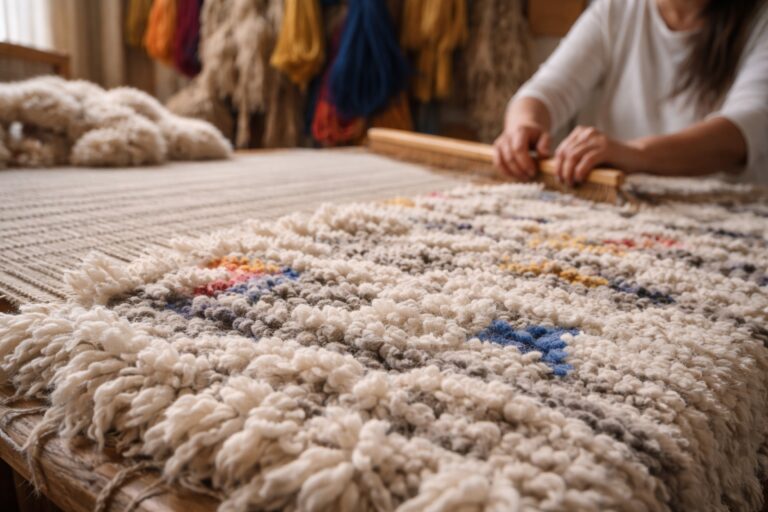 Handwoven Moroccan rug on a loom, showing dense wool pile and knot structure during the weaving process.