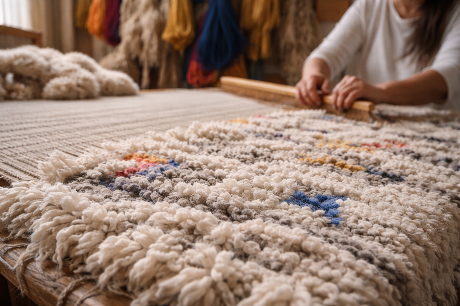 Handwoven Moroccan rug on a loom, showing dense wool pile and knot structure during the weaving process.