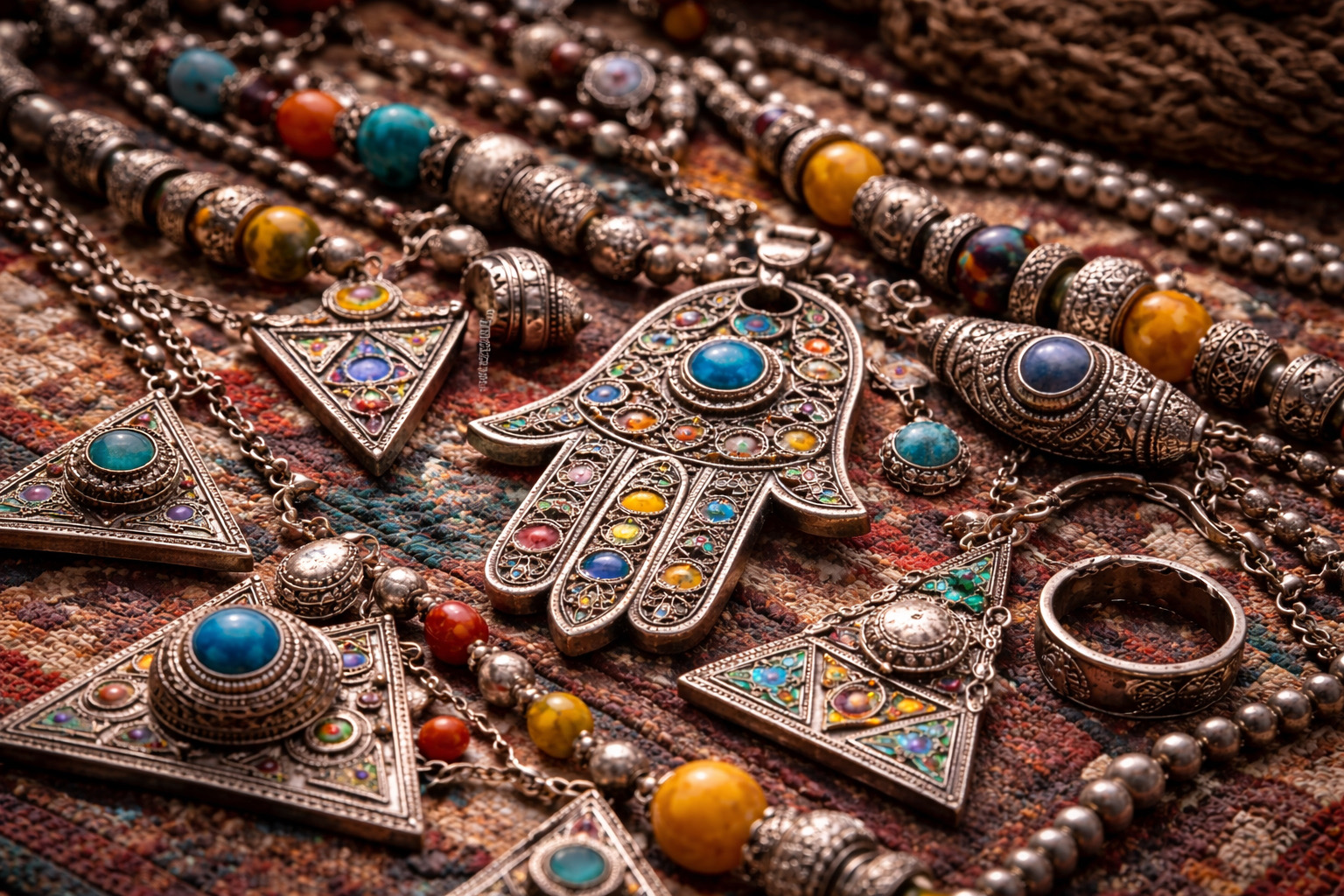 Moroccan silver jewelry featuring protective symbols, including khamsa hands, triangles, and colorful enamel details laid on a woven textile.